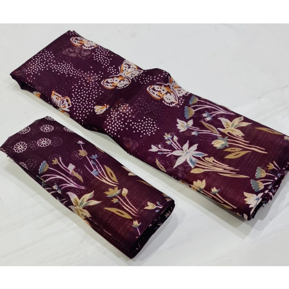 Women's Cotton Printed Saree With Unstitched Blouse (Wine, 5-5 Mtrs)