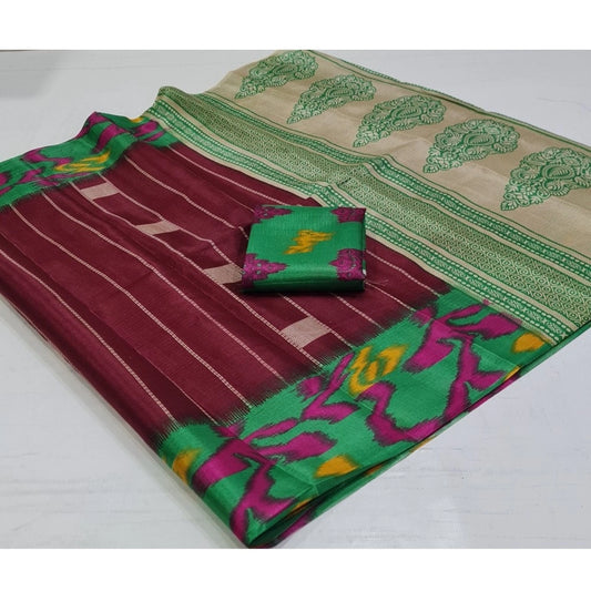 Women's Cotton Silk Printed Saree With Unstitched Blouse (Maroon, 5-5 Mtrs)