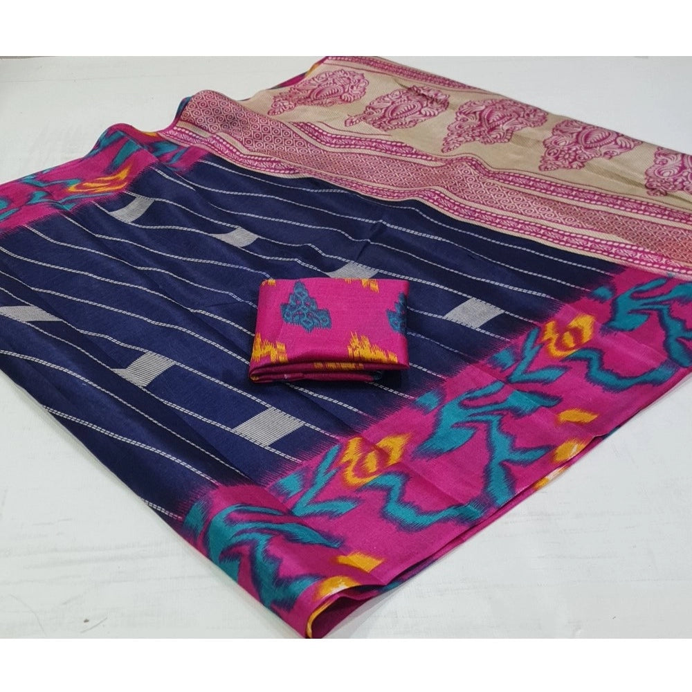 Women's Cotton Silk Printed Saree With Unstitched Blouse (Dark-Blue, 5-5 Mtrs)