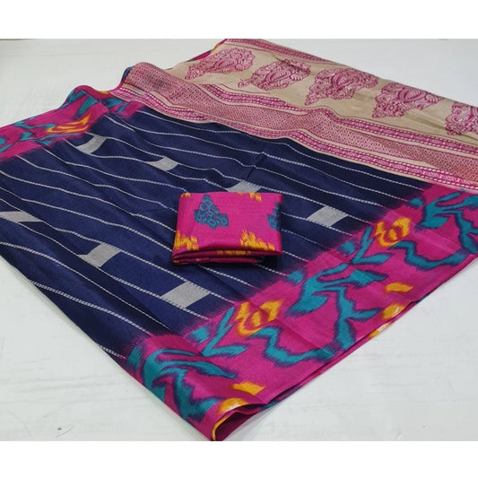 Women's Cotton Silk Printed Saree With Unstitched Blouse (Dark-Blue, 5-5 Mtrs)