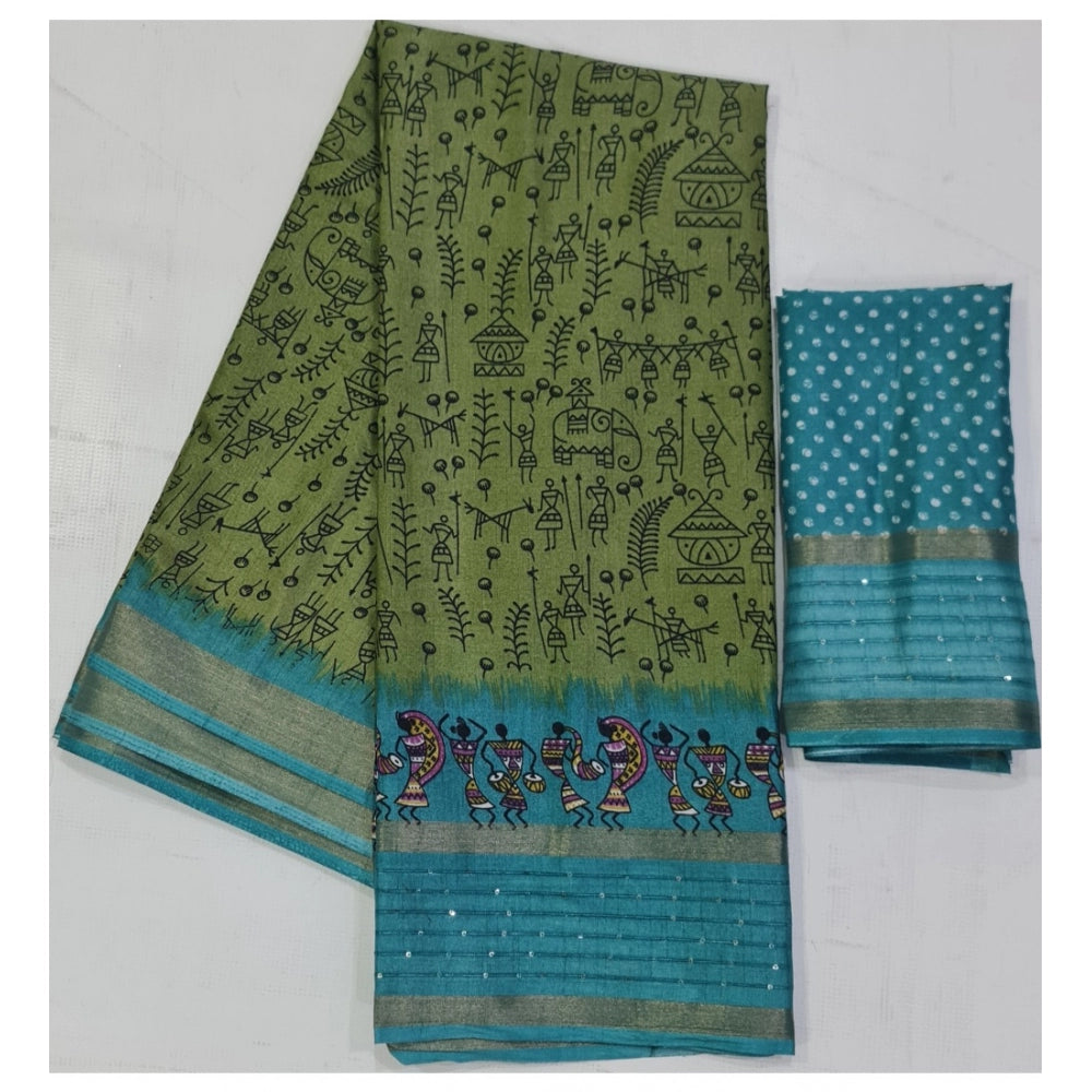 Women's Cotton Printed Saree With Unstitched Blouse (Dark-Green, 5-5 Mtrs)