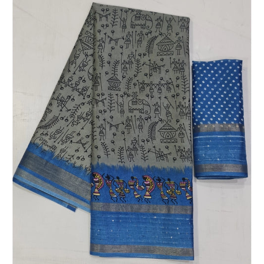 Women's Cotton Printed Saree With Unstitched Blouse (Grey, 5-5 Mtrs)