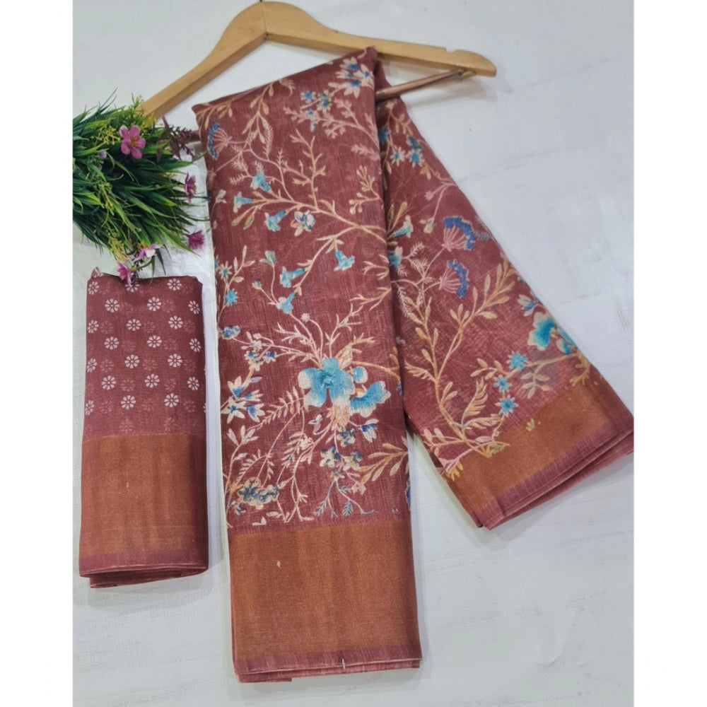 Women's Cotton Printed Saree With Unstitched Blouse (Peach, 5-5 Mtrs)