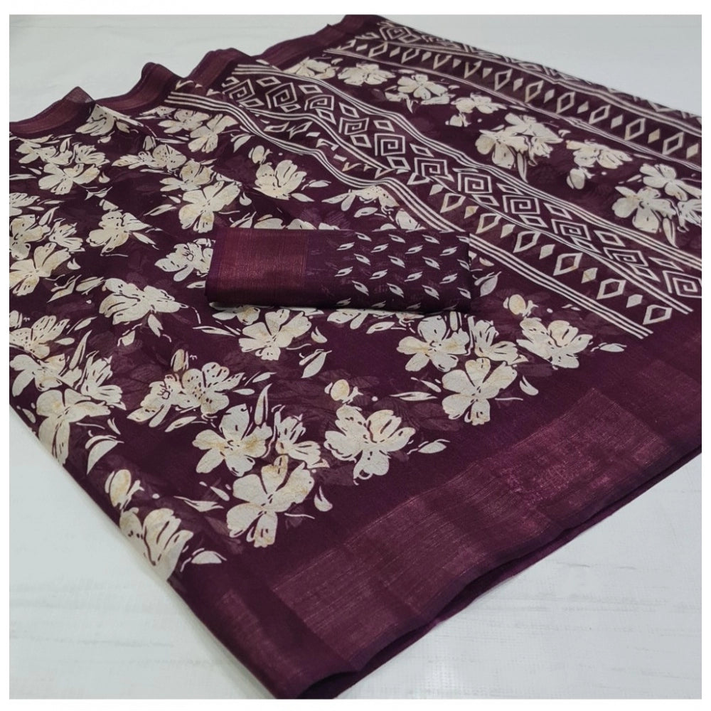 Women's Cotton Printed Saree With Unstitched Blouse (Wine, 5-5 Mtrs)