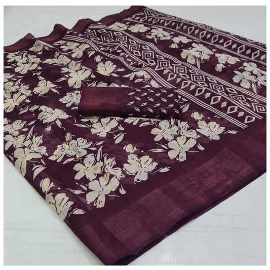 Women's Cotton Printed Saree With Unstitched Blouse (Wine, 5-5 Mtrs)