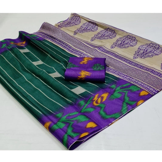 Women's Cotton Silk Printed Saree With Unstitched Blouse (Green, 5-5 Mtrs)