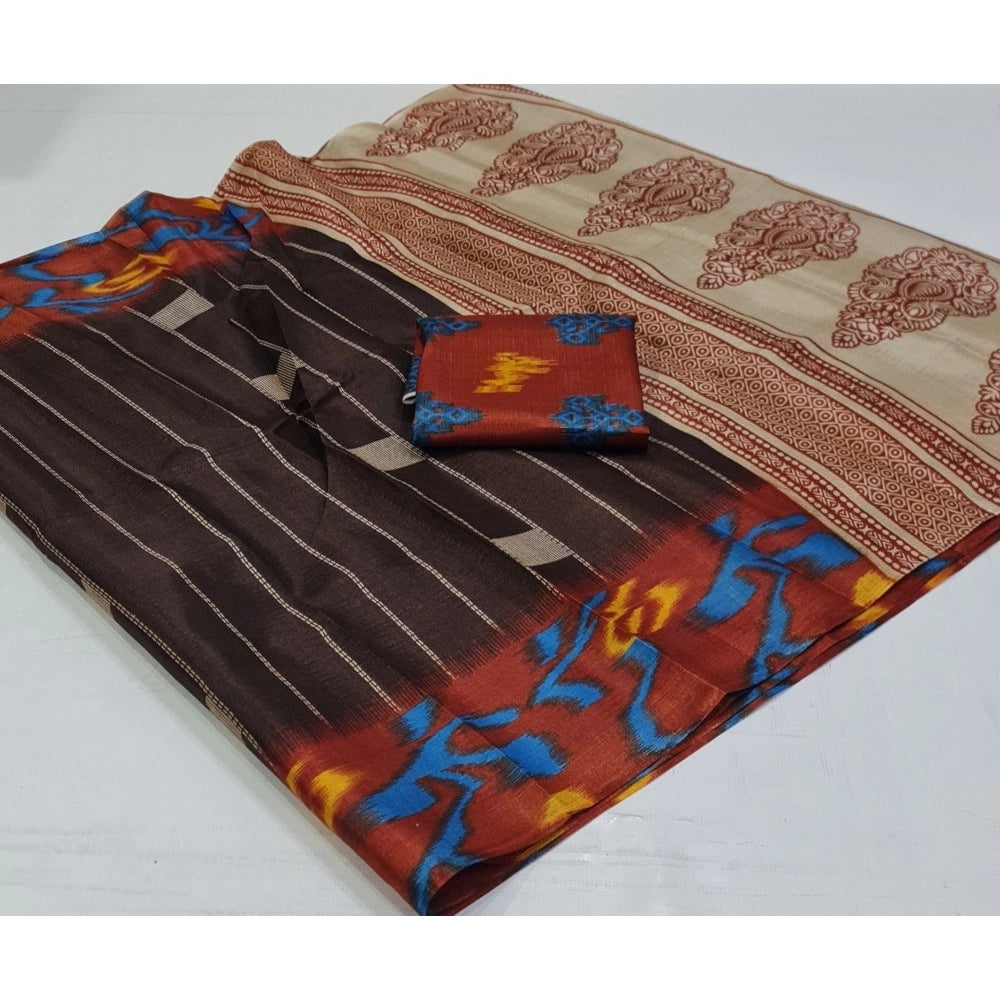 Women's Cotton Silk Printed Saree With Unstitched Blouse (Brown, 5-5 Mtrs)