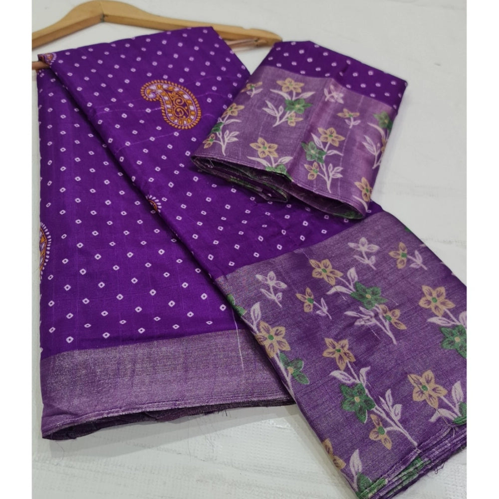 Women's Cotton Silk Printed Saree With Unstitched Blouse (Purple, 5-5 Mtrs)