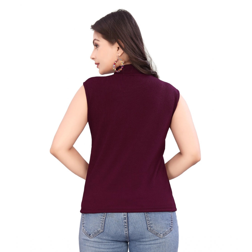 Generic Women's Casual Sleeveless Cotton Blend High Neck Top (Maroon)