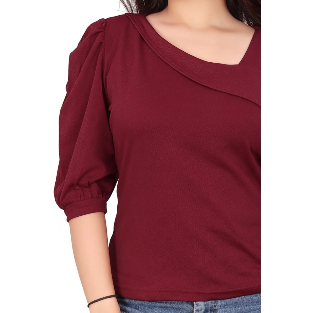 Generic Women's Casual Puff Sleeves Lycra Blend Asymmetric Neck Top (Maroon)