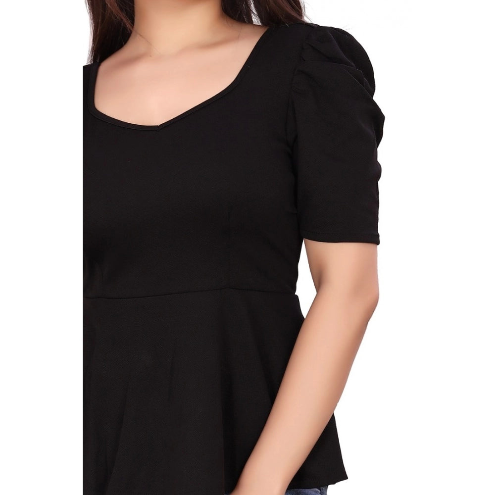 Generic Women's Casual Puff Sleeves Lycra Blend Sweetheart Neck Top (Black)