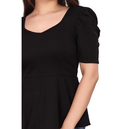 Generic Women's Casual Puff Sleeves Lycra Blend Sweetheart Neck Top (Black)