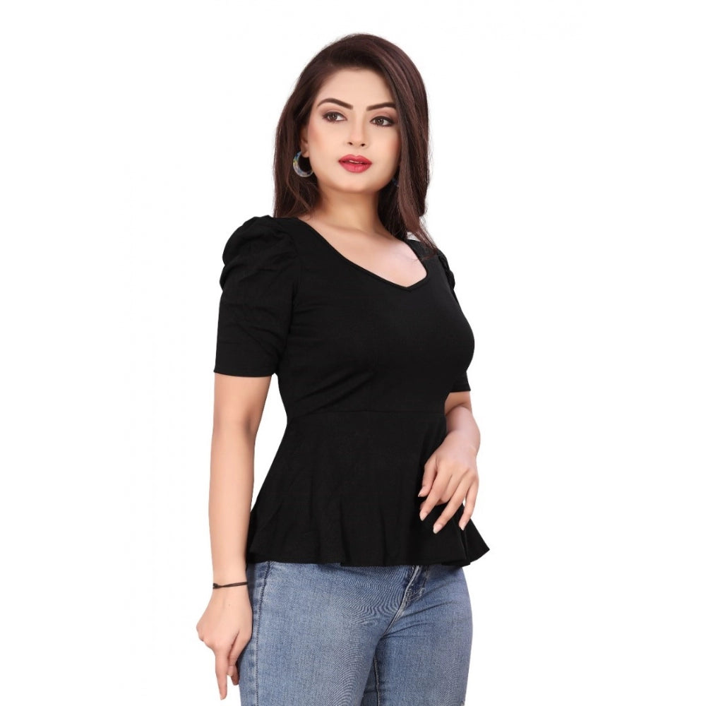 Generic Women's Casual Puff Sleeves Lycra Blend Sweetheart Neck Top (Black)