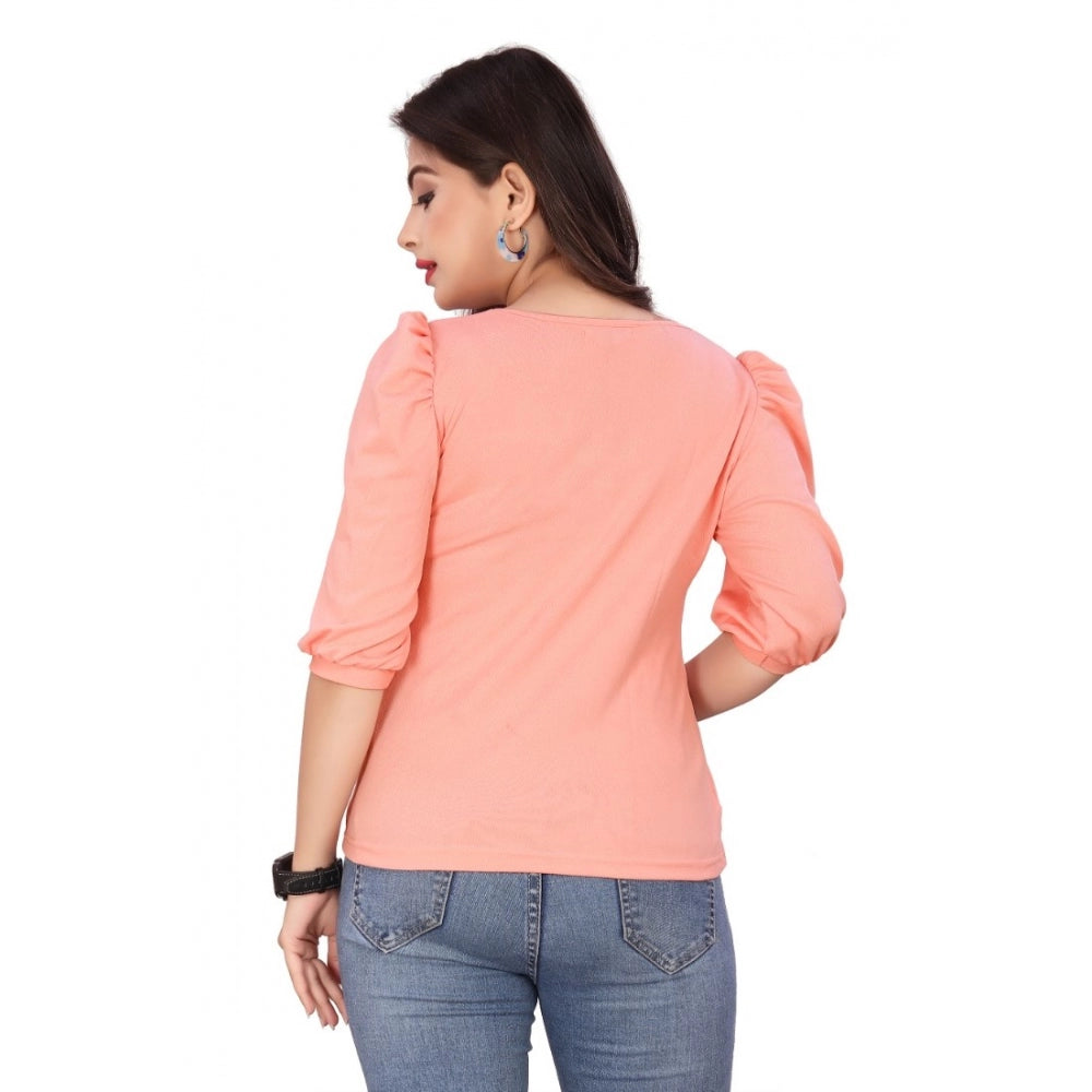 Women's Casual Puff Sleeves Lycra Blend Asymmetric Neck Top (Peach)