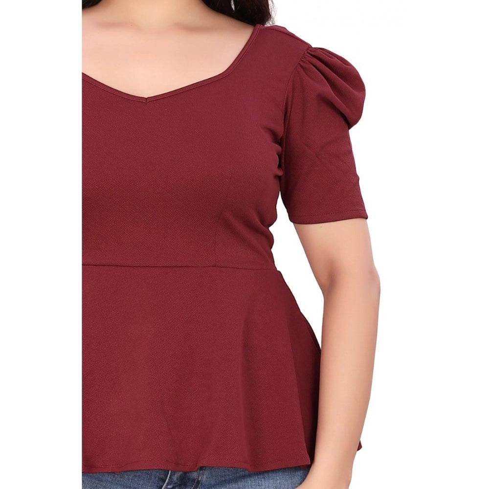 Women's Casual Puff Sleeves Lycra Blend Sweetheart Neck Top (Maroon)