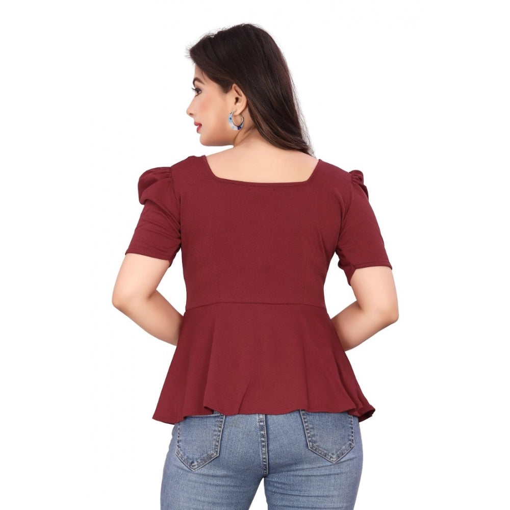 Women's Casual Puff Sleeves Lycra Blend Sweetheart Neck Top (Maroon)