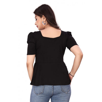 Generic Women's Casual Puff Sleeves Lycra Blend Sweetheart Neck Top (Black)