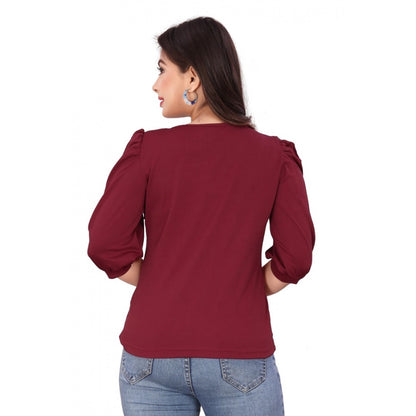 Generic Women's Casual Puff Sleeves Lycra Blend Asymmetric Neck Top (Maroon)