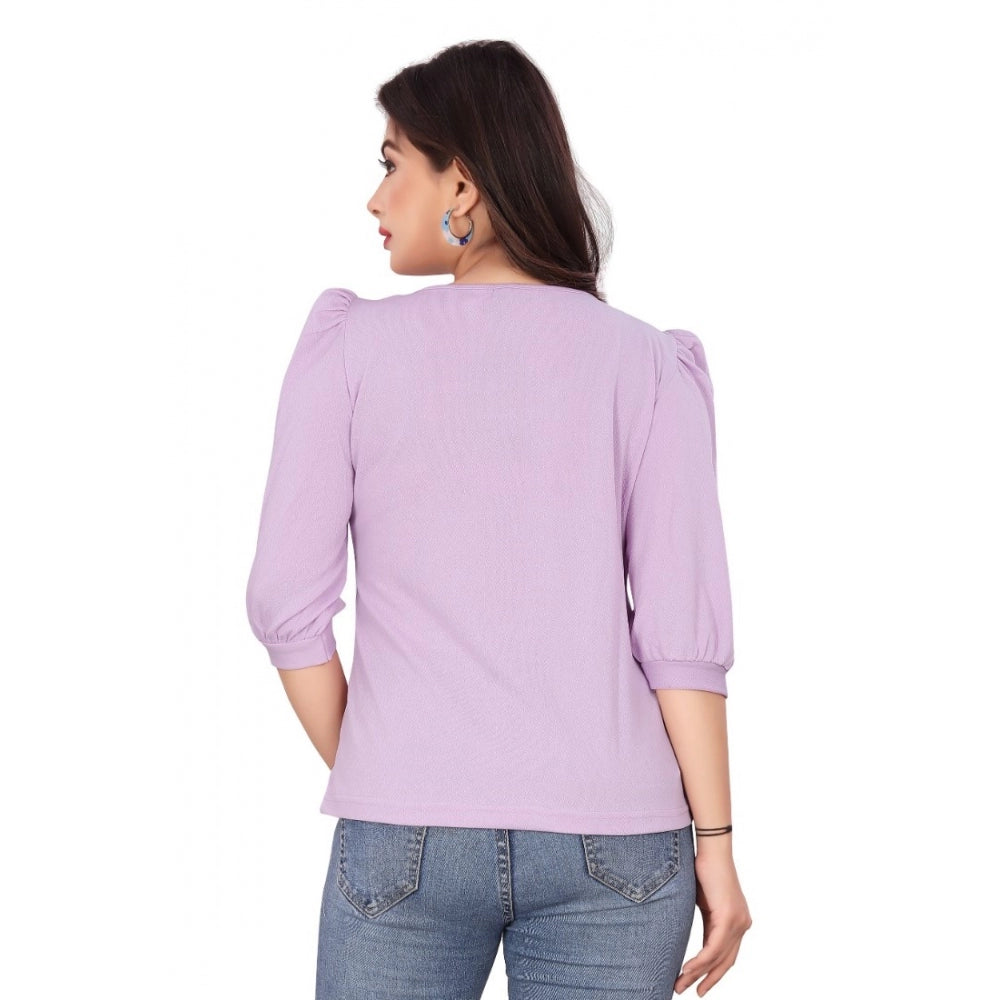 Women's Casual Puff Sleeves Lycra Blend Asymmetric Neck Top (Lavendar)