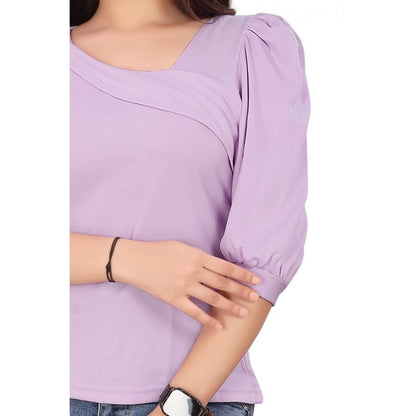 Women's Casual Puff Sleeves Lycra Blend Asymmetric Neck Top (Lavendar)