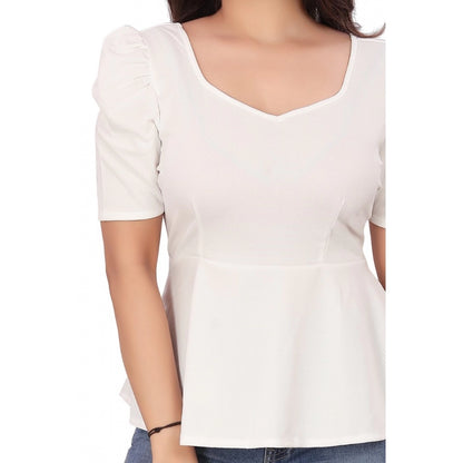 Generic Women's Casual Puff Sleeves Lycra Blend Sweetheart Neck Top (White)