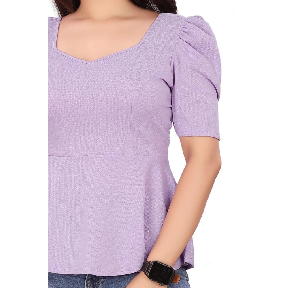 Generic Women's Casual Puff Sleeves Lycra Blend Sweetheart Neck Top (Lavendar)