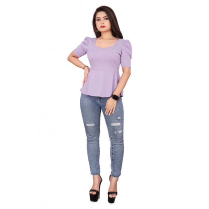 Generic Women's Casual Puff Sleeves Lycra Blend Sweetheart Neck Top (Lavendar)