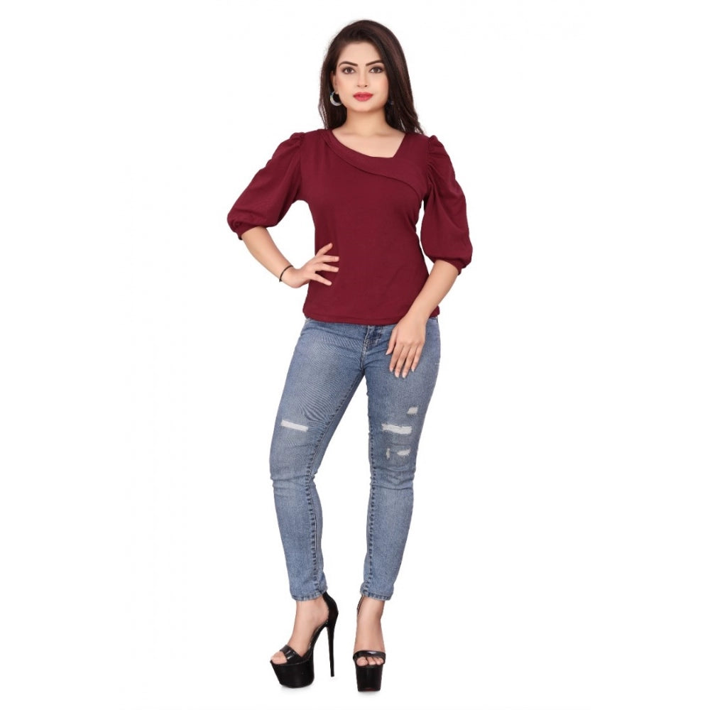 Generic Women's Casual Puff Sleeves Lycra Blend Asymmetric Neck Top (Maroon)