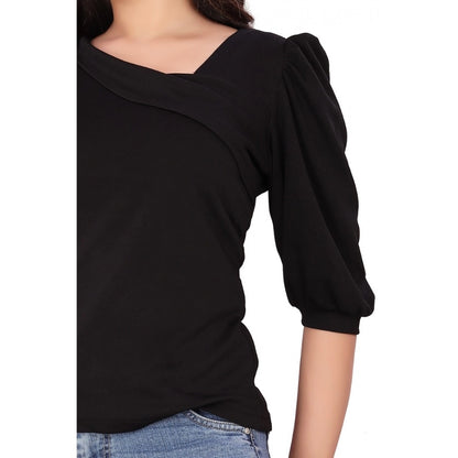 Generic Women's Casual Puff Sleeves Lycra Blend Asymmetric Neck Top (Black)