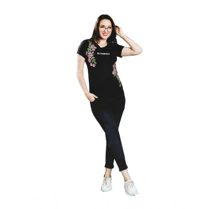 Generic Women's Cotton Printed Round Neck T.Shirt (Black)