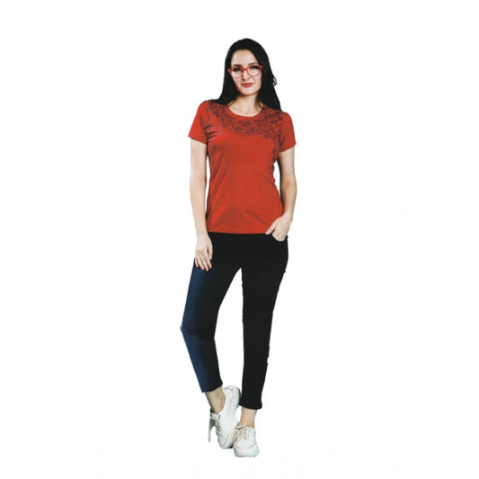 Generic Women's Cotton Printed Round Neck T.Shirt (Red)