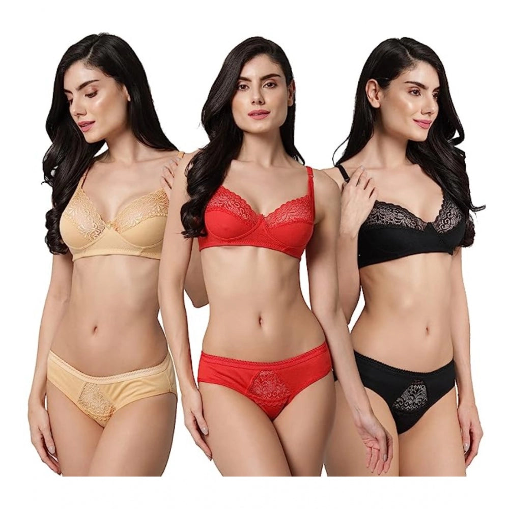 Pack Of_3 Women's Cotton Solid Lingerie Set (Multicolor)