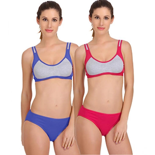 Pack Of_2 Women's Cotton Solid Sports Bra Panty Set (Multicolor)