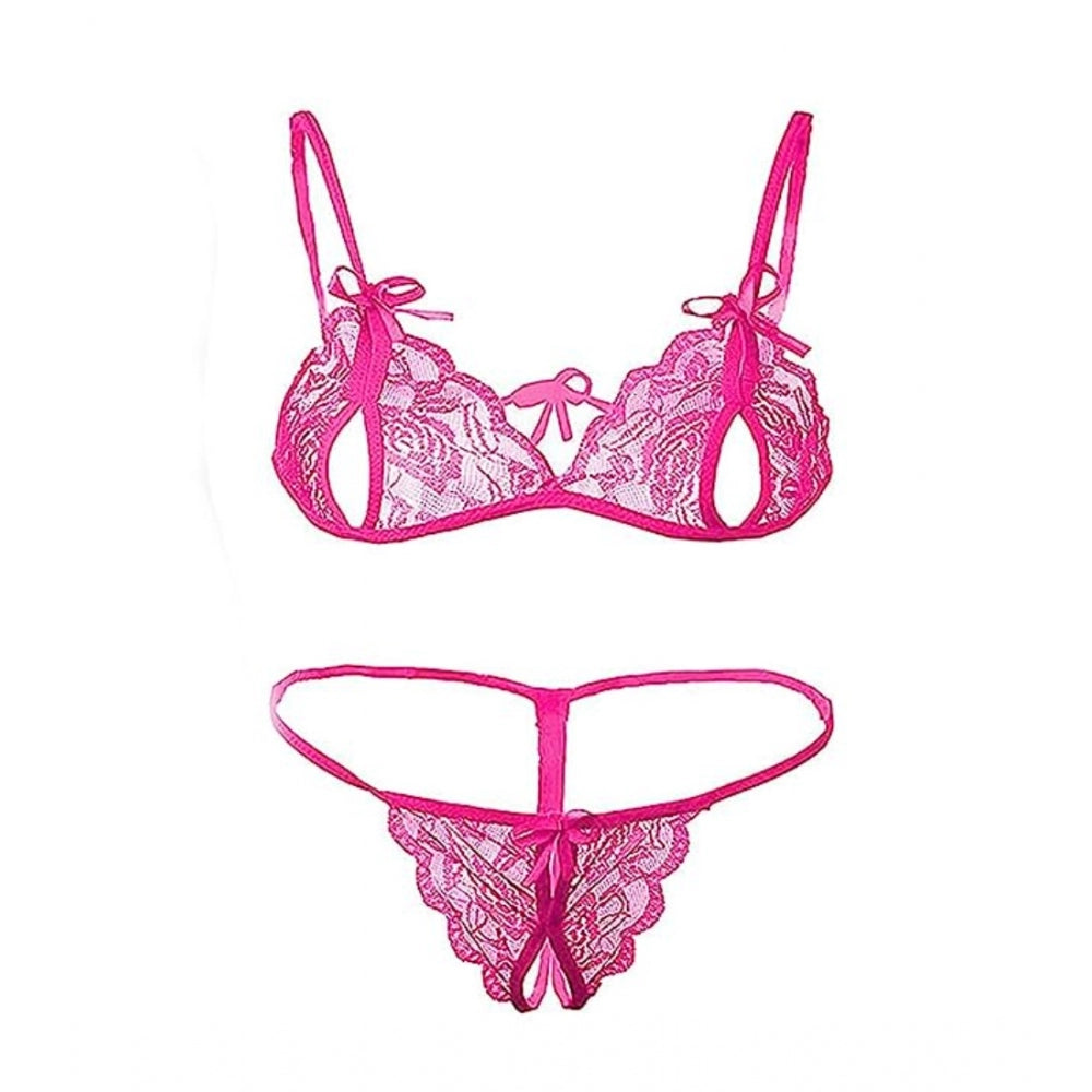 Women's Net Solid Lingerie Set (Pink)