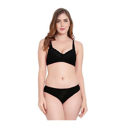 Women's Cotton Solid Lingerie Set (Black)