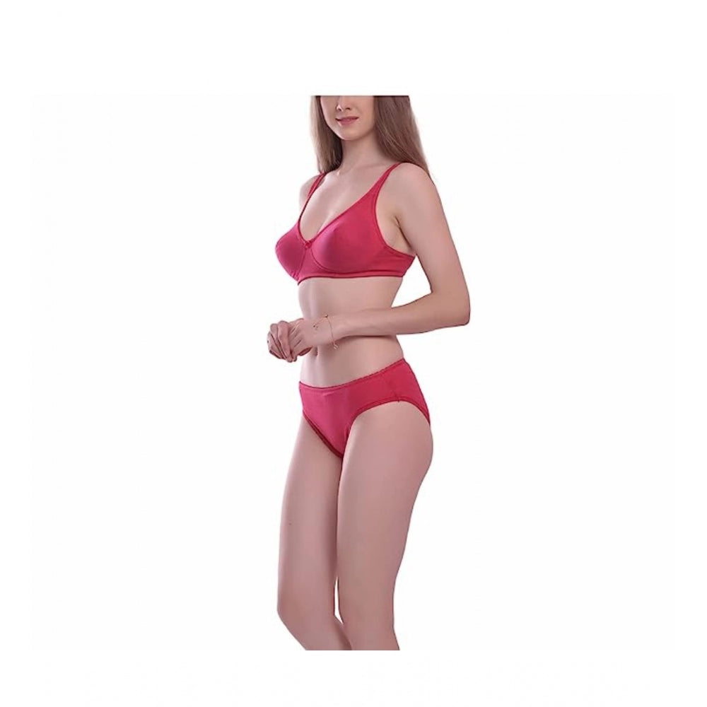 Women's Cotton Solid T-Shirt Bra and Panty Set (Pink)