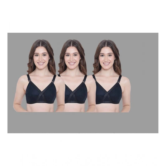 Pack Of_3  Women's Cotton Solid Non Padded Bra (Black)