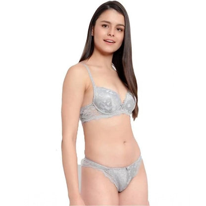 Women's Cotton Floral Printed Bra and Panty Set (Grey)