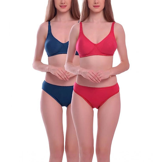 Pack Of_2 Women's Cotton Solid T-Shirt Bra and Panty Set (Red - Blue)