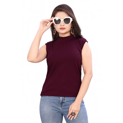 Generic Women's Casual Sleeveless Cotton Blend High Neck Top (Maroon)