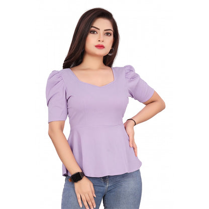 Generic Women's Casual Puff Sleeves Lycra Blend Sweetheart Neck Top (Lavendar)