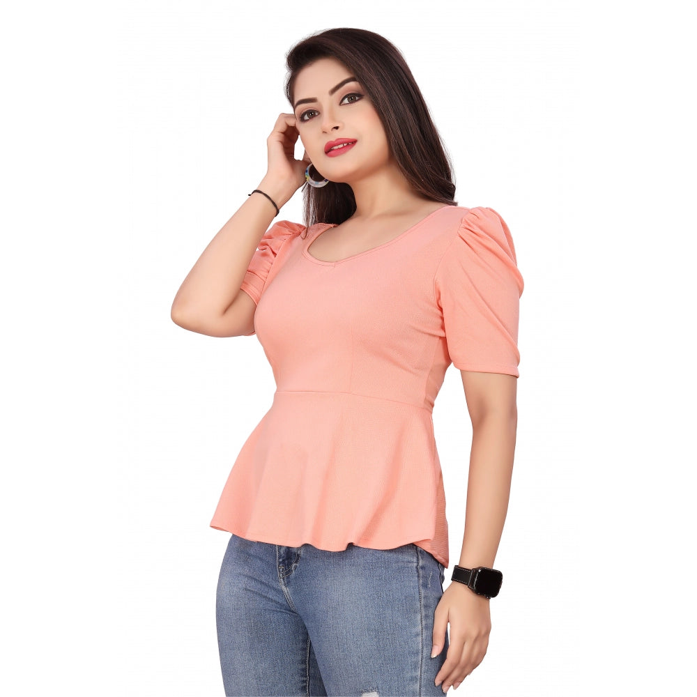 Generic Women's Casual Puff Sleeves Lycra Blend Sweetheart Neck Top (Peach)