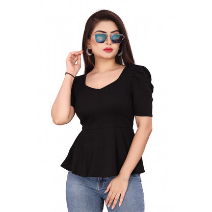 Generic Women's Casual Puff Sleeves Lycra Blend Sweetheart Neck Top (Black)