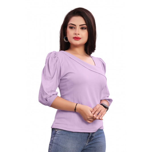 Generic Women's Casual Puff Sleeves Lycra Blend Asymmetric Neck Top (Lavendar)