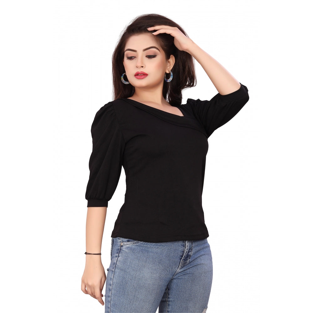 Generic Women's Casual Puff Sleeves Lycra Blend Asymmetric Neck Top (Black)