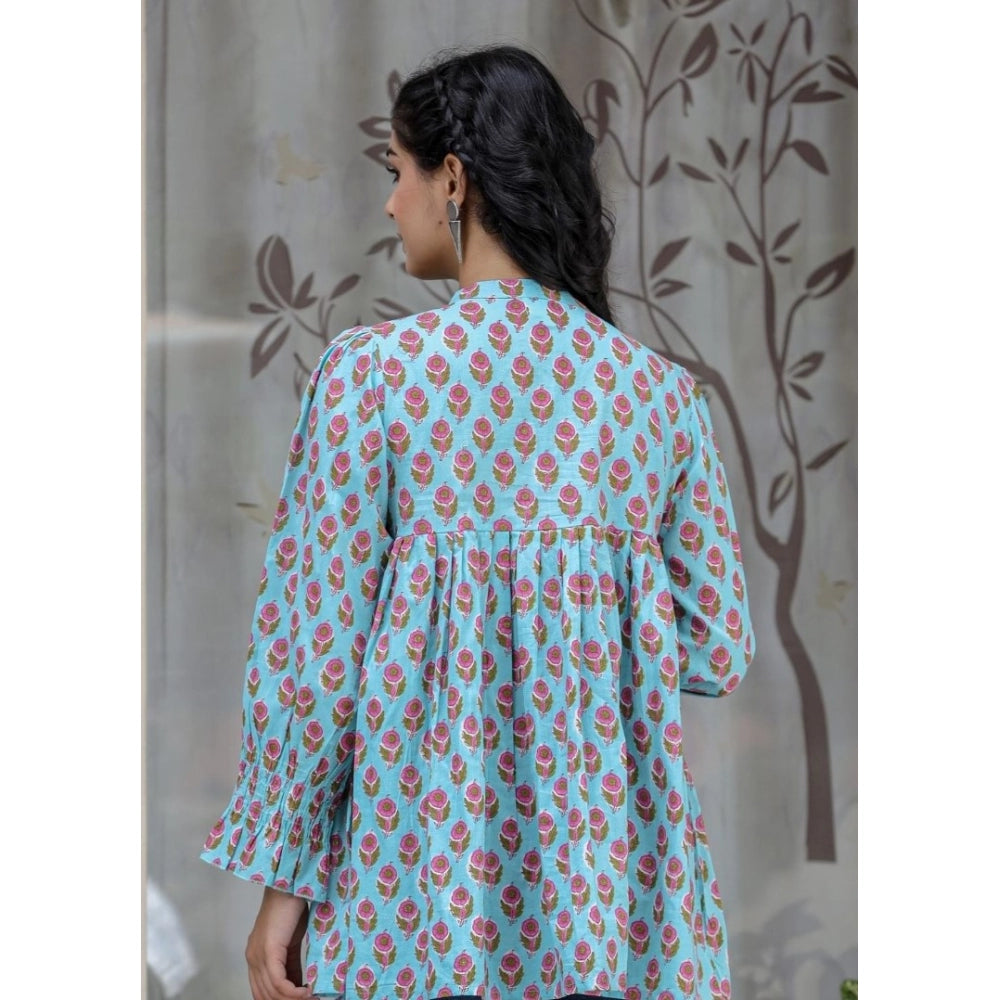 Generic Women's Cotton Printed Full Sleeve Mandarin collar Tunics (Turquoise)