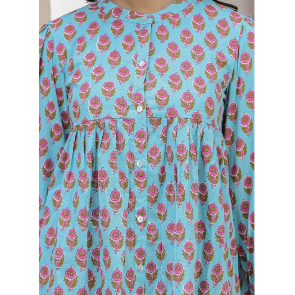 Generic Women's Cotton Printed Full Sleeve Mandarin collar Tunics (Turquoise)