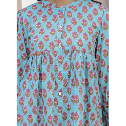 Generic Women's Cotton Printed Full Sleeve Mandarin collar Tunics (Turquoise)