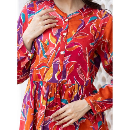 Generic Women's Cotton Printed Full Sleeve Mandarin collar Top (Red)