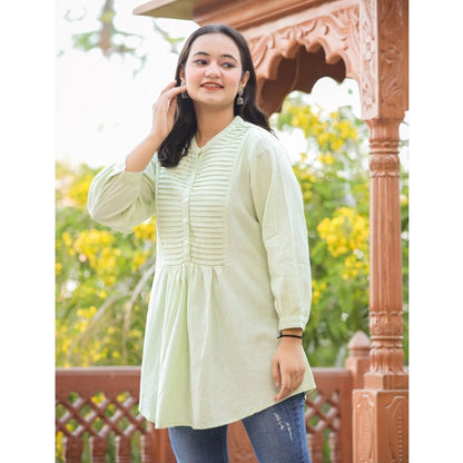 Generic Women's Cotton Solid Full Sleeve Band collar Tunic (Green)